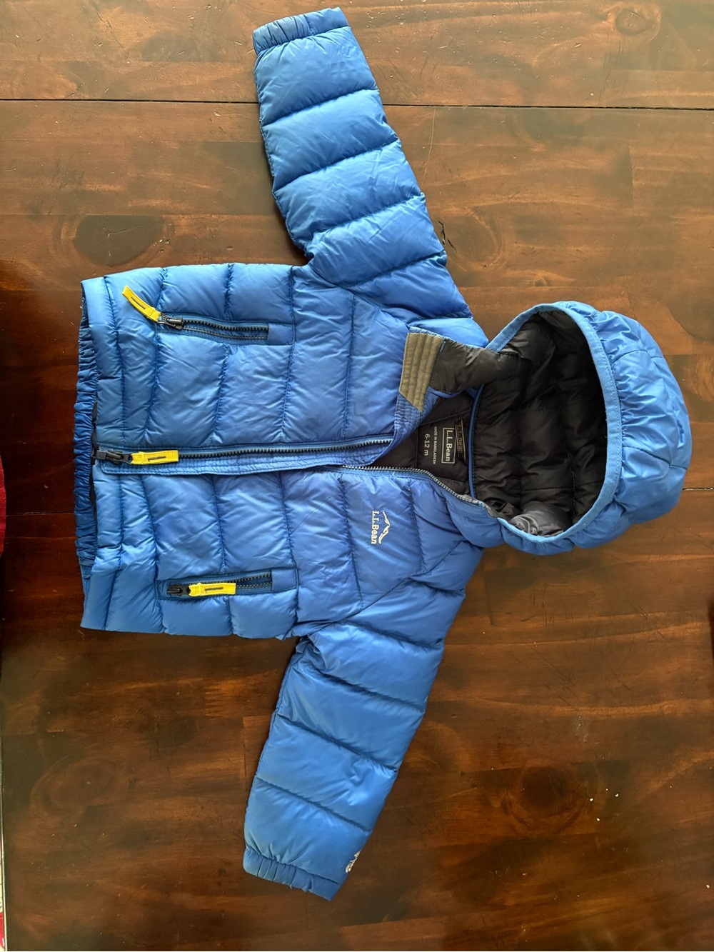 L.L. Bean Kids Blue Hooded Puffer Jacket with Yellow Zipper Pulls
